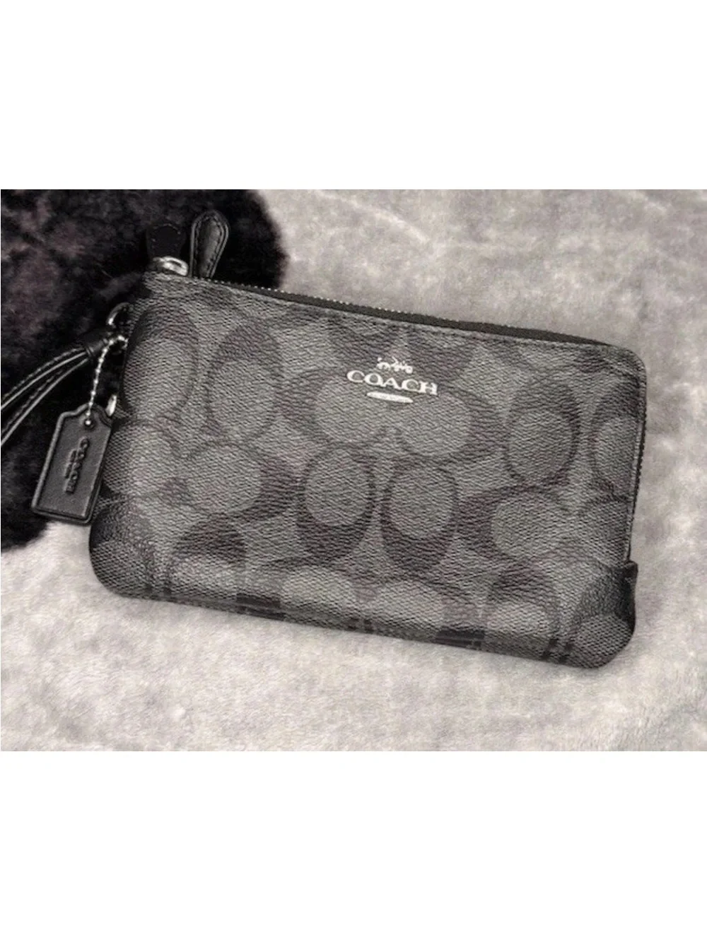 Coach Black Signature Double Zip Card Wallet Wristlet